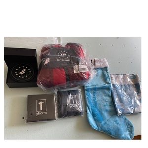 Bundle. Cupplates, christmas orniment, small towel, blanket, sock, wall flag